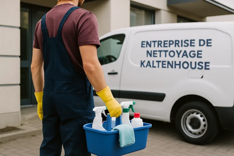 Un agent de nettoyage à Kaltenhouse utilisant des équipements modernes dans un appartement.