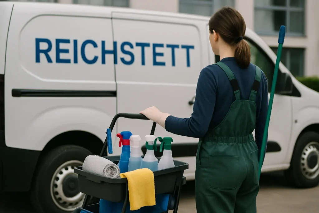Un agent de nettoyage s'occupant d'un bureau à Reichstett, mettant en avant des méthodes écologiques.