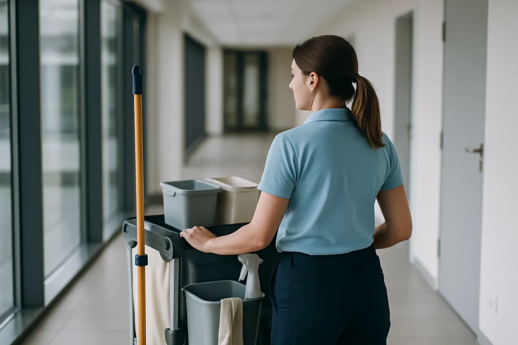 Professionnel du nettoyage à Geispolsheim utilisant des produits écologiques dans un bureau.
