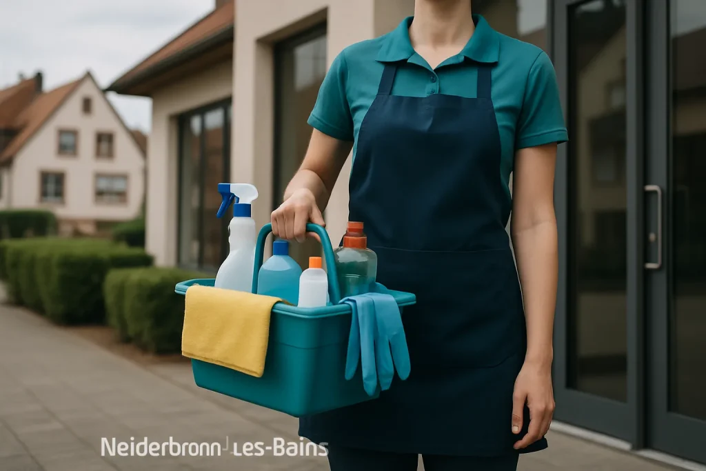 Vue aérienne de Niederbronn-les-Bains avec des bâtiments résidentiels et commerciaux.