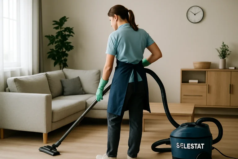 Professionnel du nettoyage dans un appartement à Sélestat, utilisant des équipements modernes.
