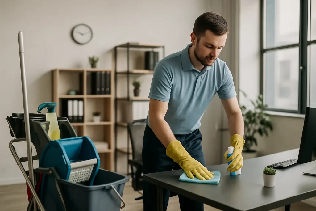 Un agent de nettoyage nettoyant un appartement à LA BROQUE avec des produits spécifiques.