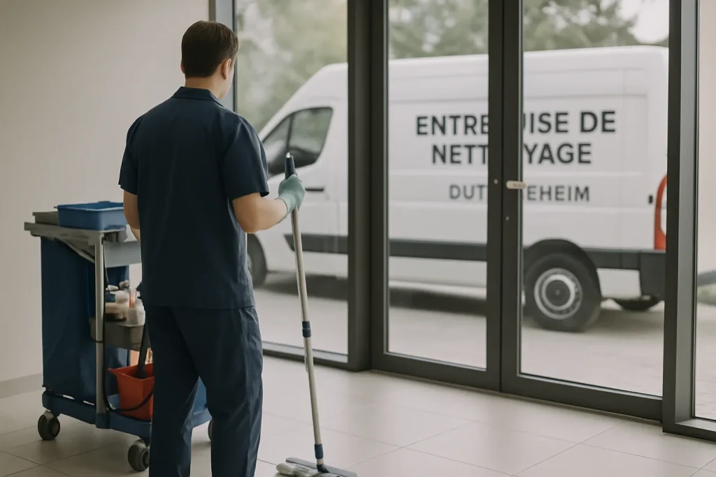 Technicien de nettoyage désinfectant un bureau à Duttlenheim avec des produits écologiques.