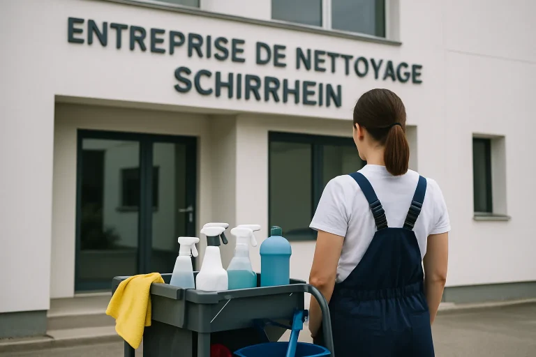 Technicien de nettoyage désinfectant un bureau à Schirrhein, équipements professionnels visibles.