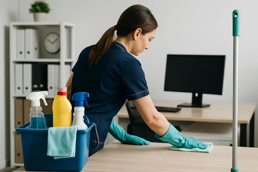 Un technicien de nettoyage à Souffelweyersheim utilisant des produits écologiques dans un bureau.