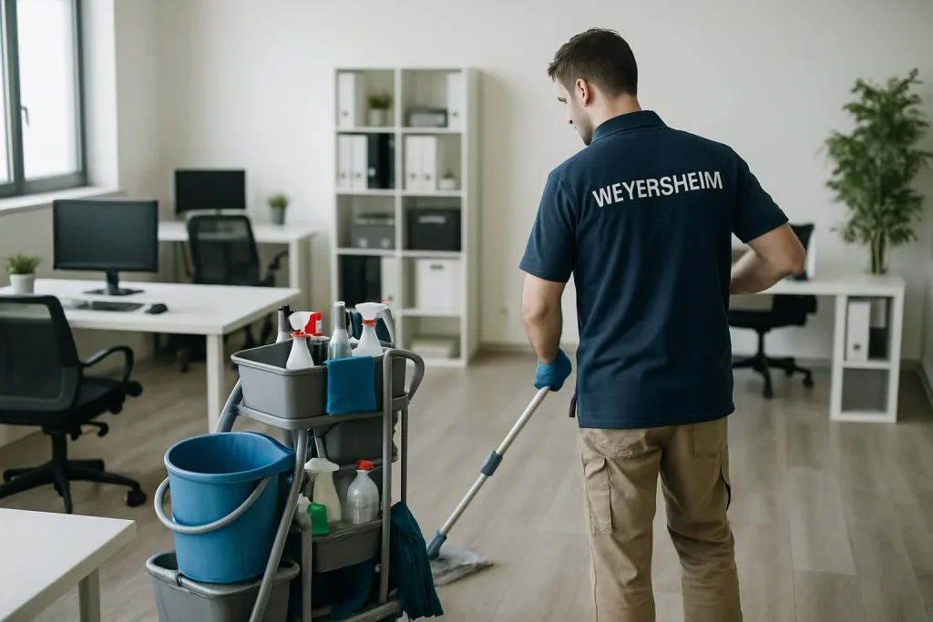 Équipe de nettoyage nettoyant un appartement à Weyersheim avec des équipements modernes.