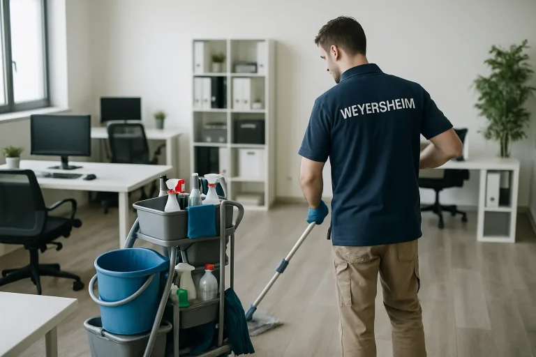 Équipe de nettoyage nettoyant un appartement à Weyersheim avec des équipements modernes.