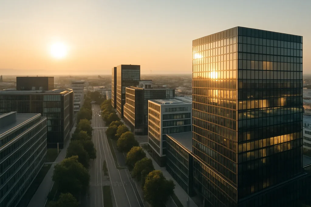 Vue aérienne d'un quartier d'affaires moderne à Strasbourg au lever du soleil, avec des bâtiments en verre.