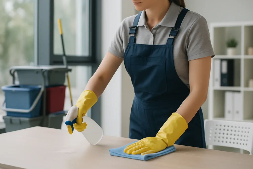 Un expert du nettoyage à BISCHHEIM utilisant des produits écoresponsables dans un appartement.
