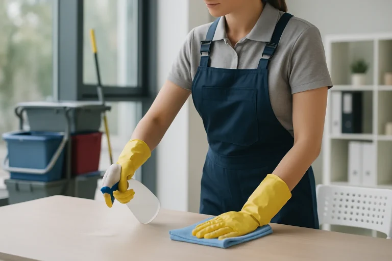 Un expert du nettoyage à BISCHHEIM utilisant des produits écoresponsables dans un appartement.