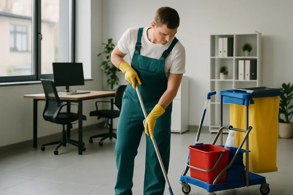 Travailleurs nettoyant un appartement à Hoenheim avec des équipements modernes.