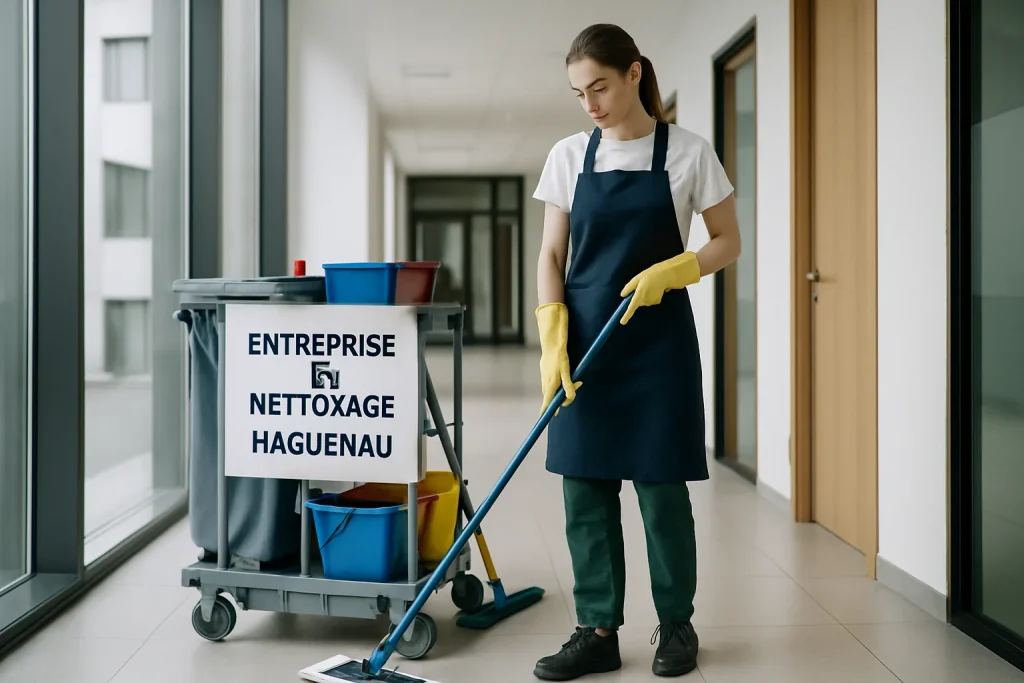 Équipe de nettoyage dans un bureau à Haguenau, utilisant des équipements modernes.