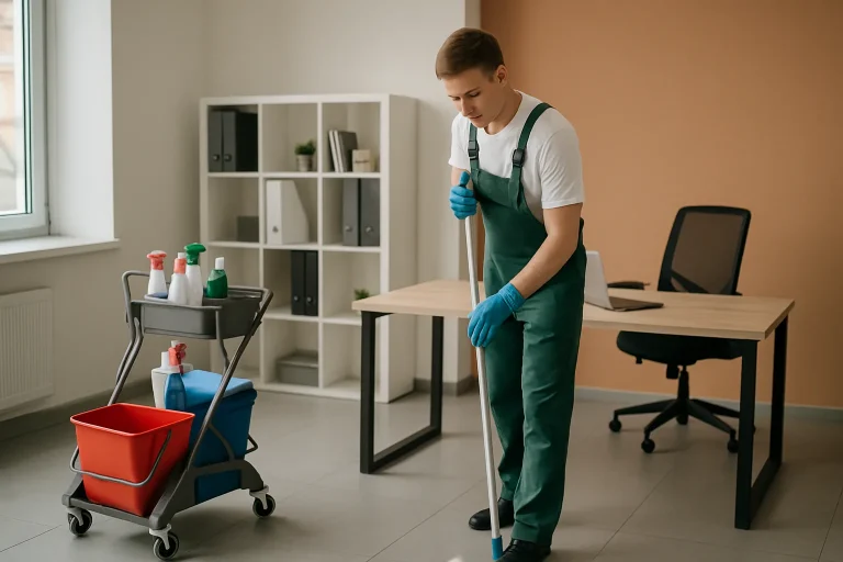 Bureau propre avec produits de nettoyage et lumière naturelle.