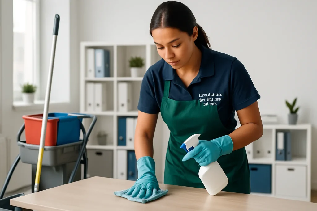 Femme de ménage nettoyant un bureau à Mutzig avec un aspirateur.