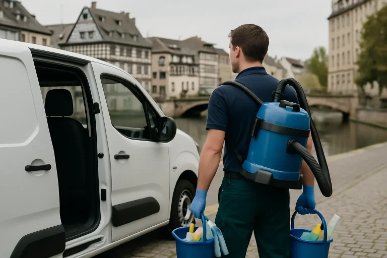 Un professionnel du nettoyage dans un appartement en désordre à Strasbourg, utilisant des produits de nettoyage.