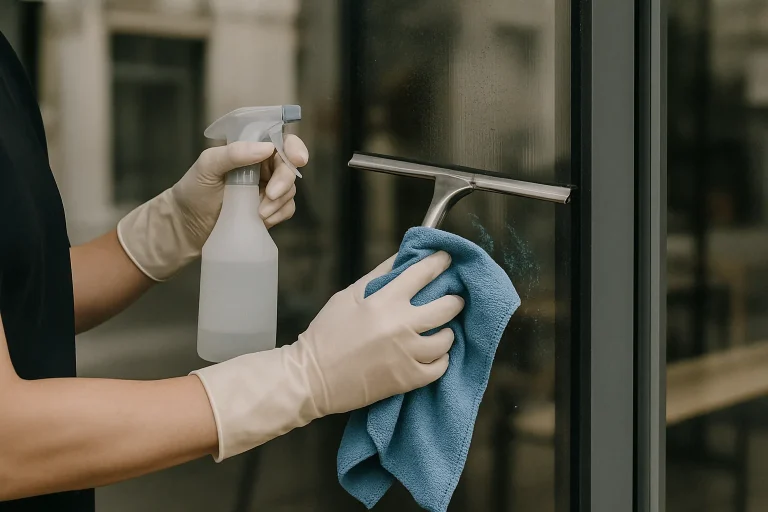 Des mains nettoient une vitrine de magasin à Colmar, avec des outils de nettoyage.