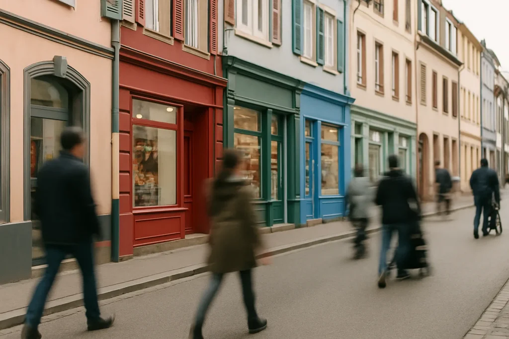 Rue de Schiltigheim avec des commerces et des passants flous en lumière de jour.