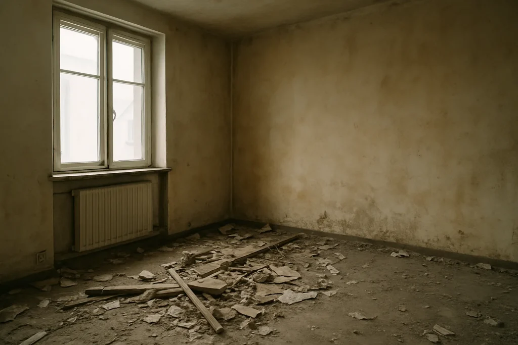Vue d'un appartement insalubre à Molsheim avec débris et murs jaunis.
