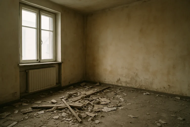 Vue d'un appartement insalubre à Molsheim avec débris et murs jaunis.