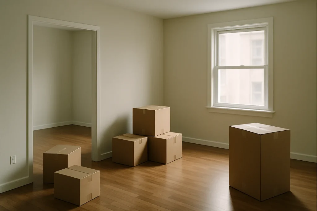 Appartement vide dans le Bas-Rhin avec quelques cartons restants, lumière douce.