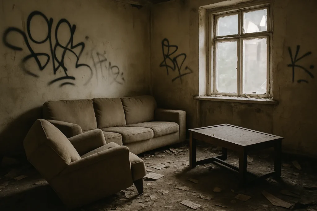 Salon en désordre avec meubles renversés et graffitis après un squat.