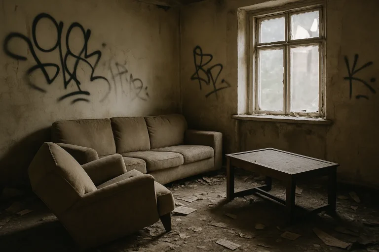 Salon en désordre avec meubles renversés et graffitis après un squat.