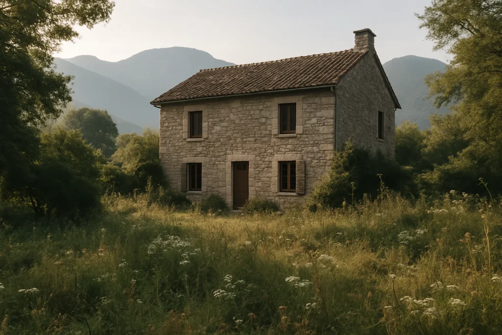 Maison ancienne avec jardin sauvage près de Ribeauvillé, montagne en arrière-plan.