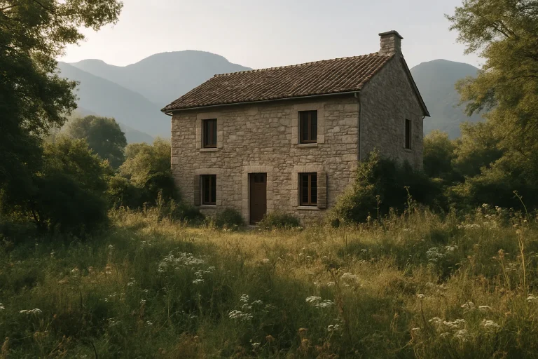Maison ancienne avec jardin sauvage près de Ribeauvillé, montagne en arrière-plan.