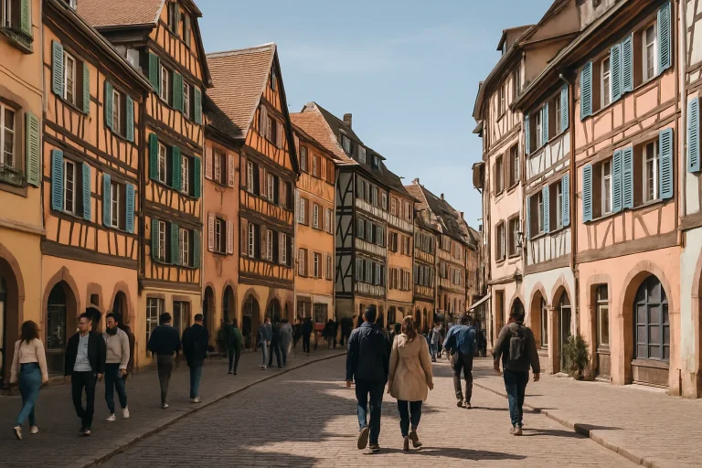 Rue animée à Colmar avec passants et bâtiments colorés sous un ciel bleu