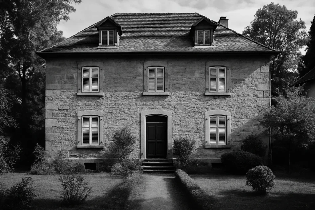 Façade d'une maison ancienne à Haguenau, lumière du jour, jardin visible