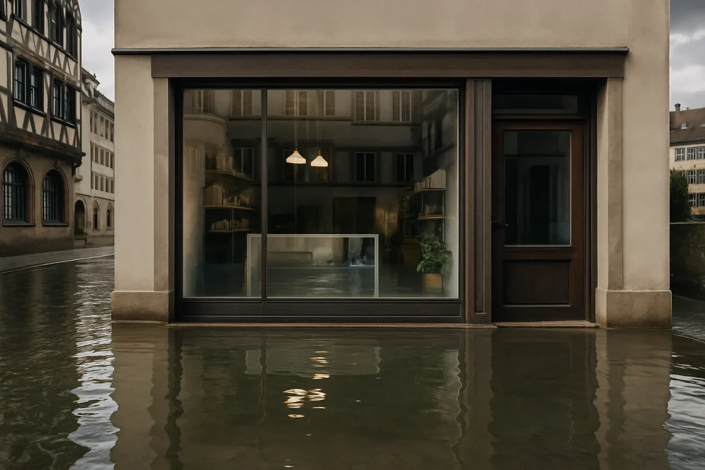 Vitrine inondée d'un commerce à Strasbourg avec reflets d'eau sur le trottoir.