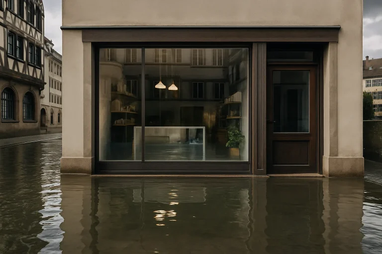 Vitrine inondée d'un commerce à Strasbourg avec reflets d'eau sur le trottoir.
