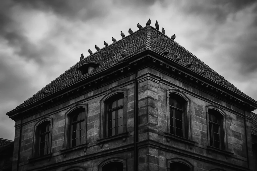 Bâtiment à Saverne avec pigeons sur le toit, image en noir et blanc.