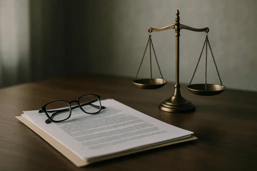 Documents légaux, balance de justice et lunettes sur une table, éclairage doux