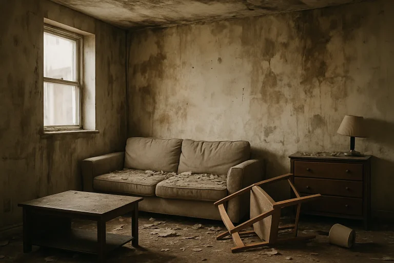 Intérieur endommagé avec mobilier renversé et murs tachés, éclairage doux