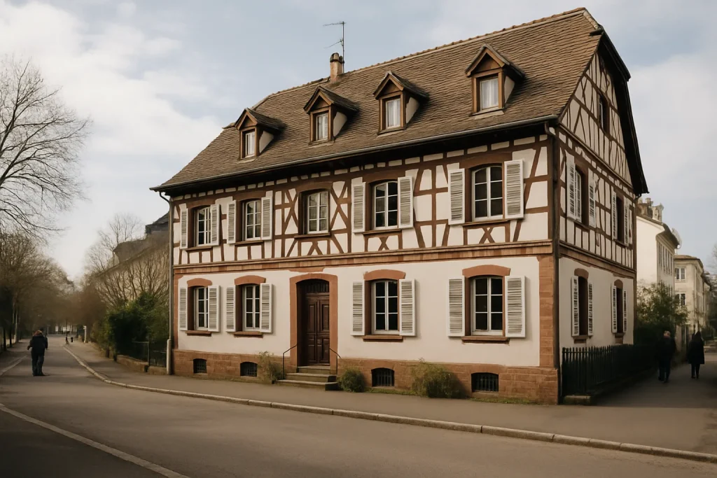 Vue extérieure d'un immeuble résidentiel typique de Strasbourg par une journée ensoleillée