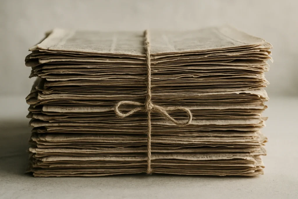 Gros plan sur une pile de journaux liés, symbolisant le syndrome de Diogène.