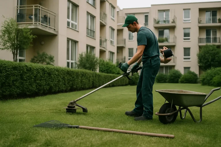 Jardinier travaillant dans un espace vert de copropriété à Strasbourg, utilisant des outils de jardinage.