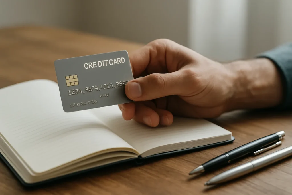 Main tenant une carte bancaire sur une table en bois avec carnet et stylos