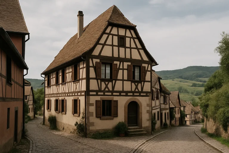 Rue d'un village alsacien avec maisons traditionnelles, lumière naturelle, paysage rural.
