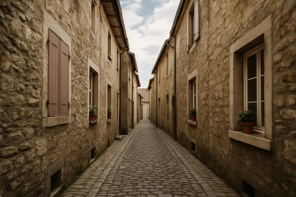 Ruelle étroite à Altkirch avec bâtiments anciens et ciel nuageux.