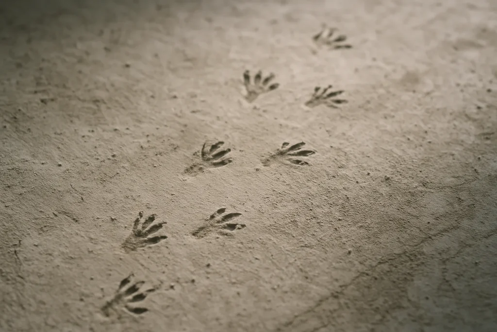 Gros plan sur des traces de pattes de rats sur un sol poussiéreux avec lumière naturelle douce