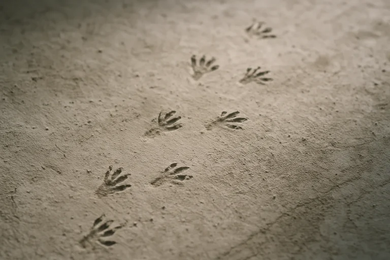 Gros plan sur des traces de pattes de rats sur un sol poussiéreux avec lumière naturelle douce