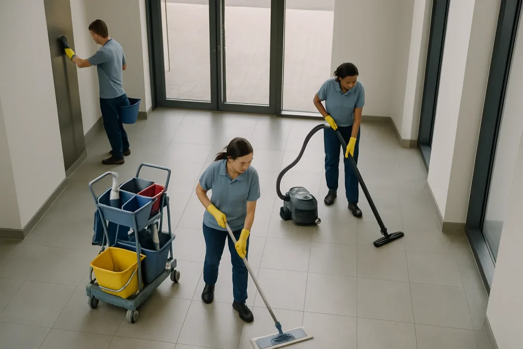 Équipe de nettoyage au travail dans un hall d'immeuble très dégradé à Mulhouse, outils visibles