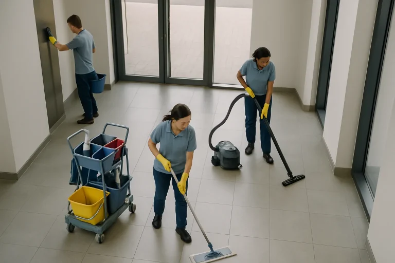 Équipe de nettoyage au travail dans un hall d'immeuble très dégradé à Mulhouse, outils visibles
