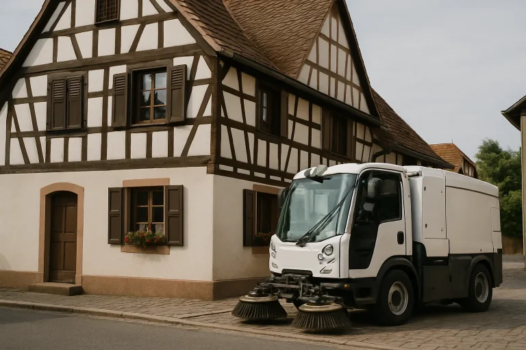 Maison alsacienne avec véhicule de nettoyage garé devant, en journée.