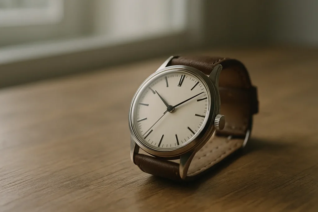 Gros plan d'une montre-bracelet sur une table en bois, symbolisant la flexibilité temporelle
