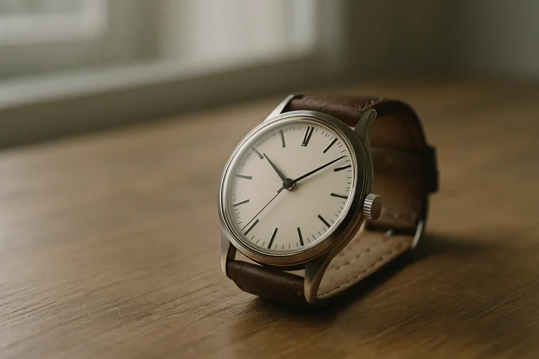 Gros plan d'une montre-bracelet sur une table en bois, symbolisant la flexibilité temporelle