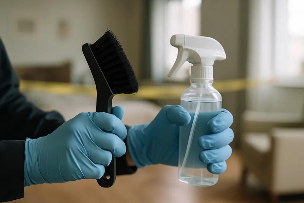 Gros plan sur des mains gantées avec des outils de nettoyage dans une pièce en préparation.