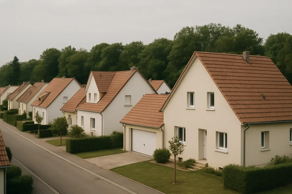 Quartier résidentiel du Bas-Rhin, maisons alignées avec arbres, lumière du jour
